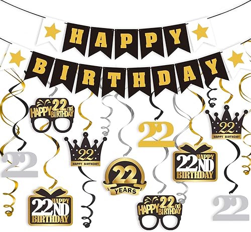 Miniatura 320 de LINGTEER Happy 65th Birthday Decorations Set - 12Pcs Black & Gold Swirls Streamer,Happy Birthday Bunting Banner,Cheers to 65 Years Old Bday Party