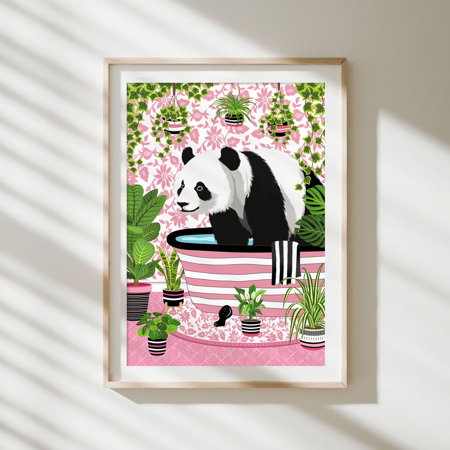 Panda in Bath Print, Panda in Pink Bathroom Print, A4 UNFRAMED Print, Animal on Toilet Print, Botanical Tropical Bathroom Decor - Image 2