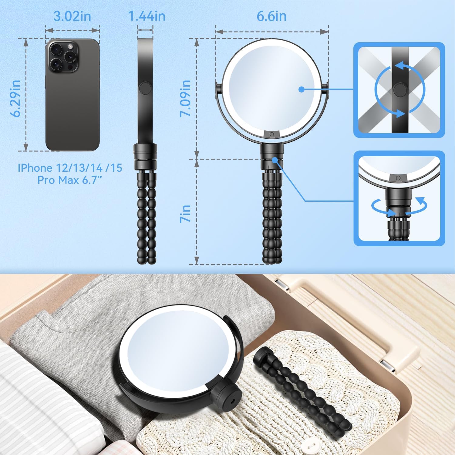 KOOKIN Travel Makeup Mirror with Lights and Magnification 1X/10X, Lighted Makeup Mirror, Rechargeable, 3 Color Lighting, Dimmable, 360° Rotation, Double Sided, Hanging Handheld Mirrors (Black)