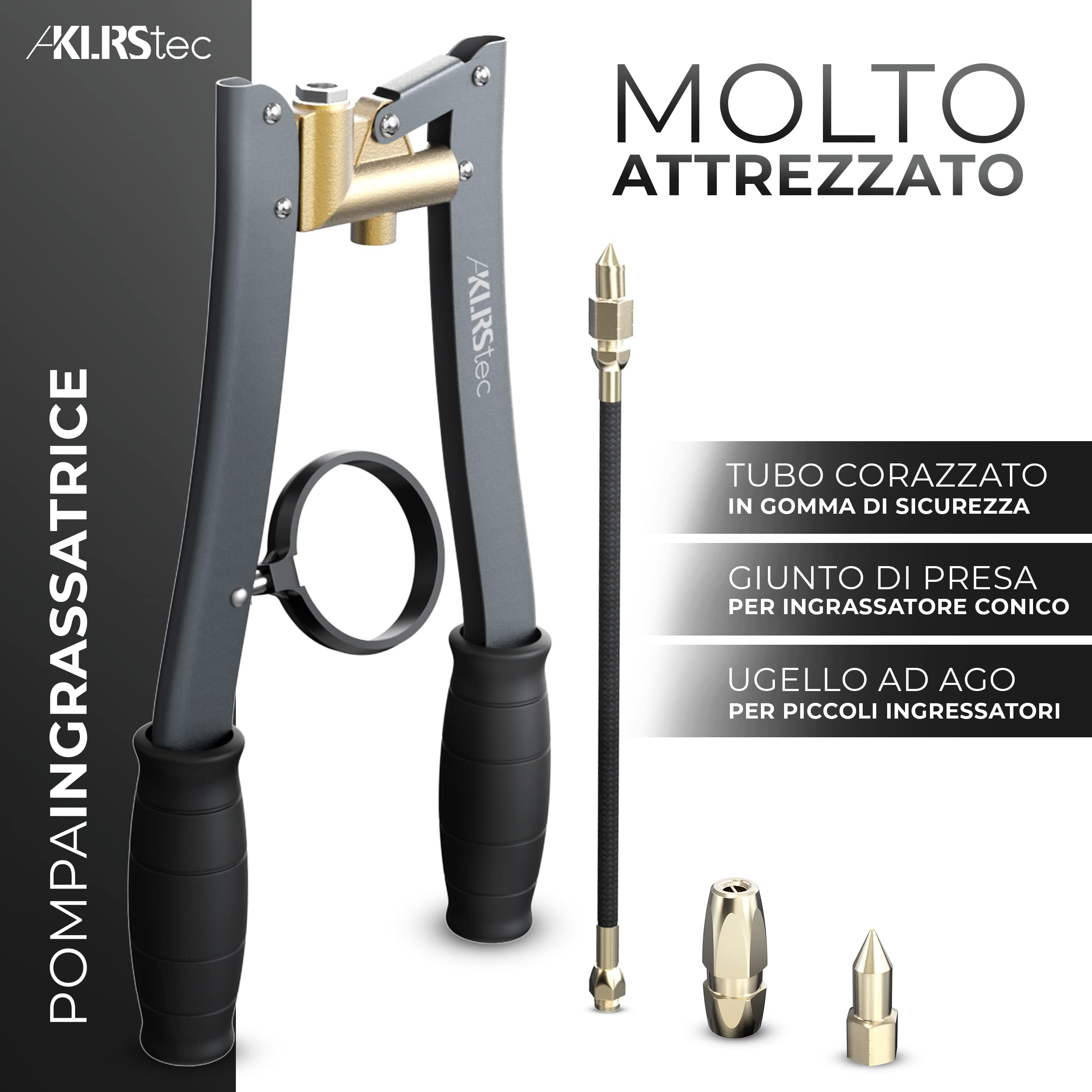 KLRS KLRStec® Premium Ingrassatore - ingrassatrice con Sistema ad Alta Pressione per ingrassatori a Corsa variabile con Giunto di Presa e Tubo ad Alta Pressione Incluso