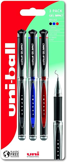 uni-ball UMN-153S Gel Impact Rollerball Pens. Premium Broad 1.0mm Ballpoint Tip for Super Smooth Handwriting, Journaling, and Note Taking. Fade & Water Resistant Uni Super Ink. Pack of 3 Assorted
