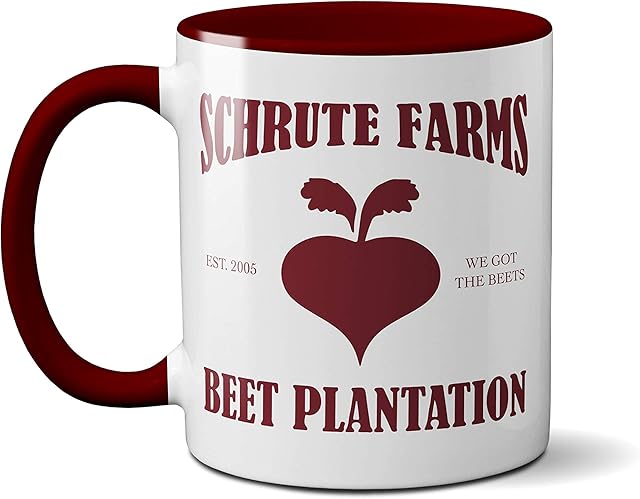 Schrute Farms Mug- The Office US Funny Novelty Gift Present Dwight TV Shows Idea Heavy Duty Handle Dishwasher and Microwave Safe Birthday Christmas Coffee (Boardeaux Red Handle Prime)