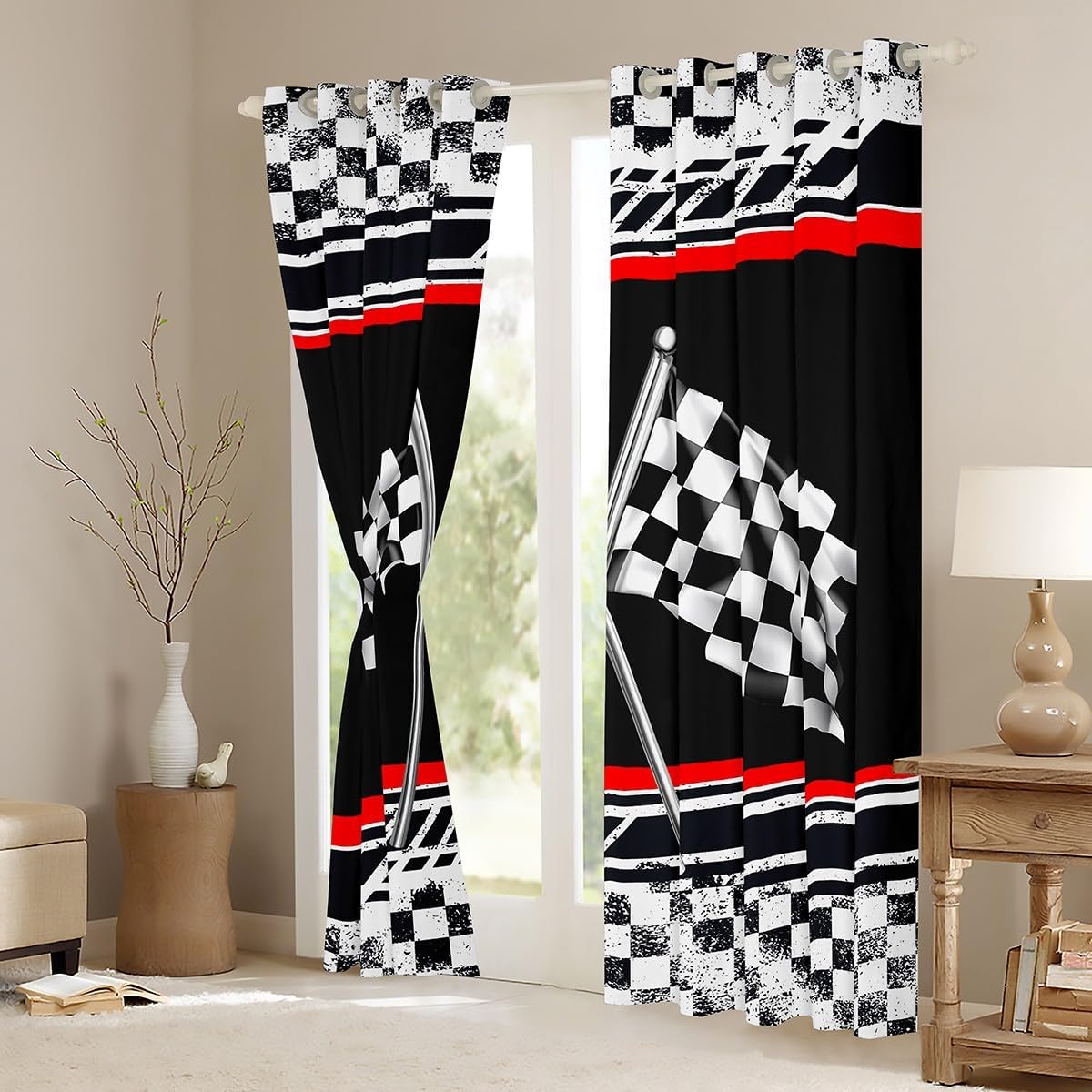 Feelyou Kids Race Car 30%-50% Blackout Curtains Race Track Window Curtains Karting Road Darkening Drapes for Bedroom Kids Boys Girls Racing Flag Living Room Window Treatments (2 Panels, 52 x 63 Inch)