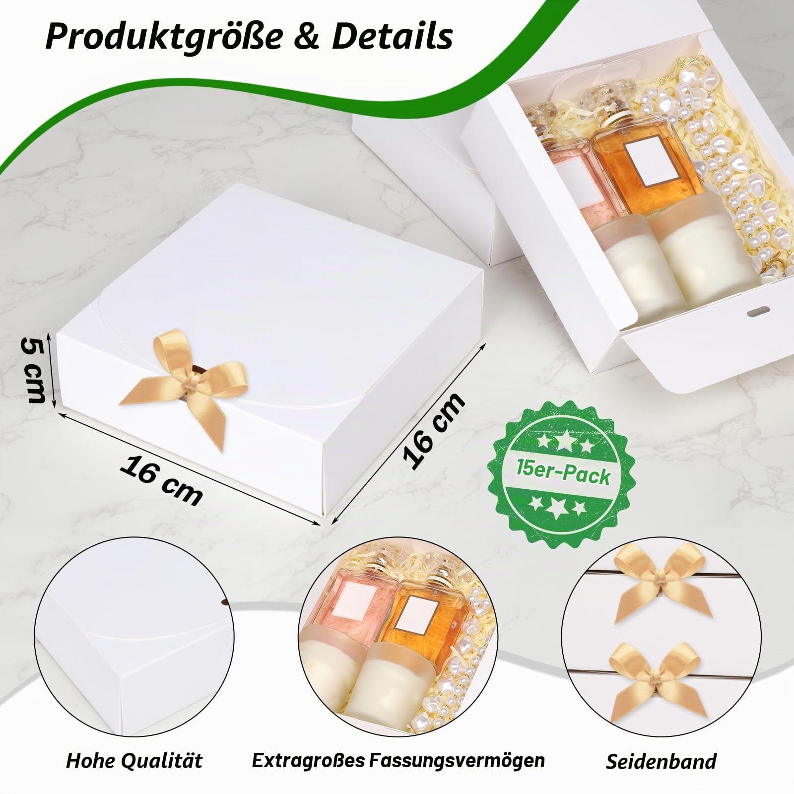 GXFCING 15 Stück Weiße Geschenkboxen, Geschenkbox mit Deckel, 16 x 16 x 5cm Geschenkkarton mit Gold Satinband für Hochzeit Geburtstag Weihnachten Party Geschenke Verpackung