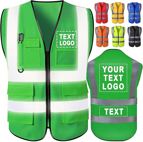Chaleco de seguridad personalizado para hombres con logotipo, chaleco de seguridad reflectante de alta visibilidad personalizable con bolsillos para