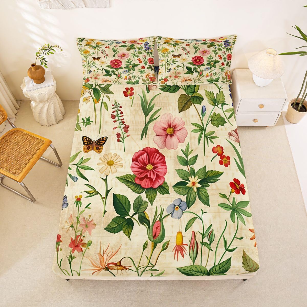 jejeloiu Spring Flower Fitted Sheet Full Size for Kids Boys Girls Floral Bed Sheets Set 16" Deep Pocket Soft Breathable Microfiber Boho Floral Bedding with 2 Pillowcases Room Decor
