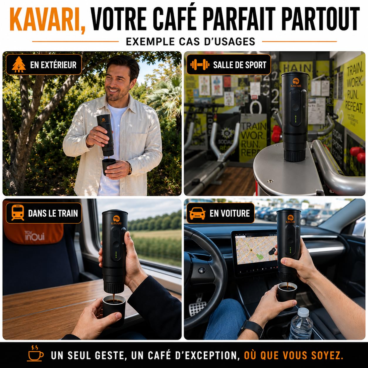 Kavari Machine à Café Portable Compacte Espresso italien 20 Bars | Cafetière portable 2 en 1 capsules Nespresso® & café moulu se recharge en USB-C et est idéale en voyage, voiture ou camping.