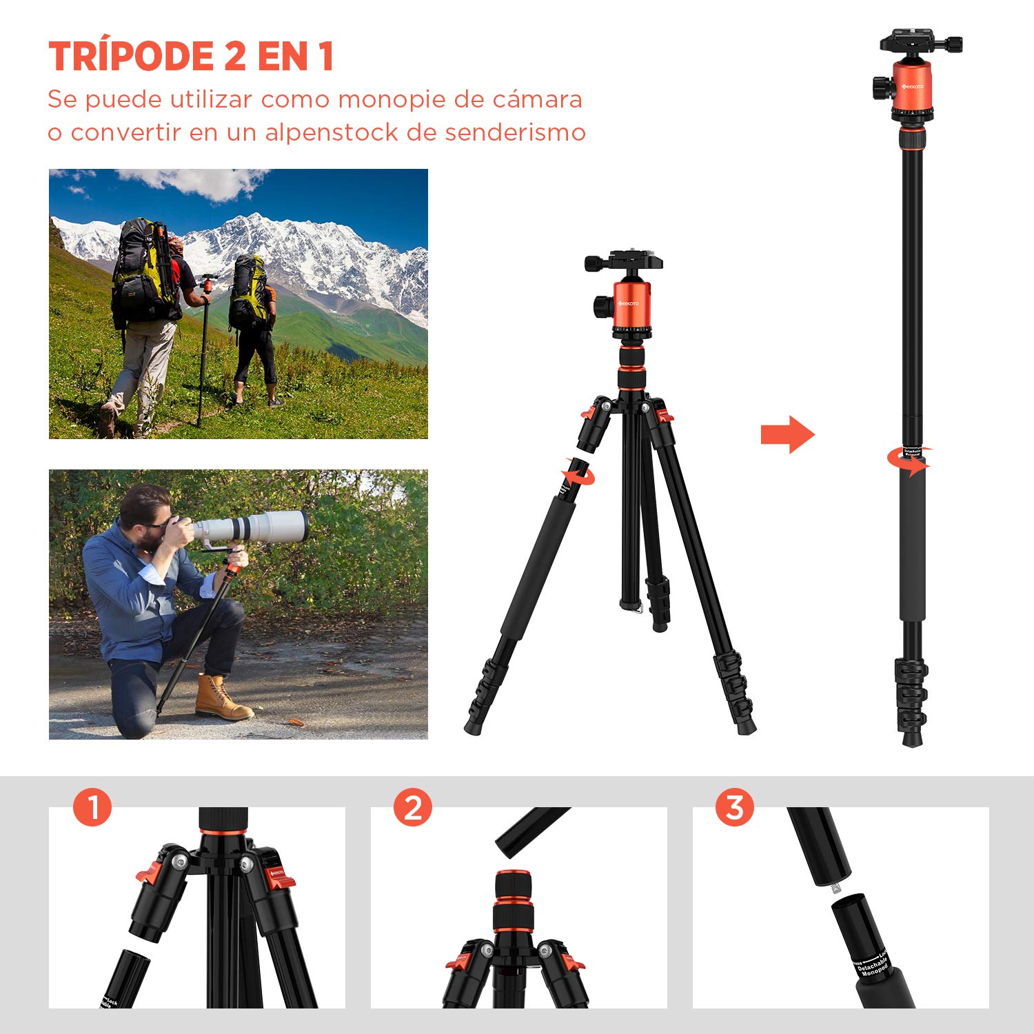 Trípode Cámara GEEKOTO, 195cm Trípode Fotografía Monopie Aluminio con 360° Rótula de Bola Panorámica 1/4" Placa Rápida Liberación y Bolsa de Transporte para DSLR Canon Nikon Sony Cámara