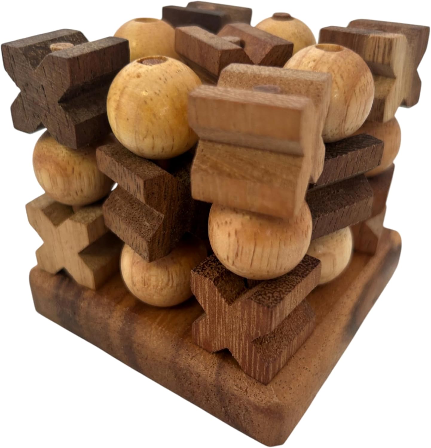 Wooden Tic Tac Toe Game, Traditional Family Board Game with Dark Wood Blocks and Natural Spheres, Classic Strategy Puzzle