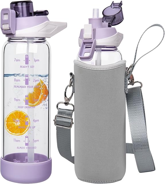 Seekua 800ml Glass Water Bottle with Straw & Time Markings BPA free Motivational Glass Drinking Bottle Leakproof