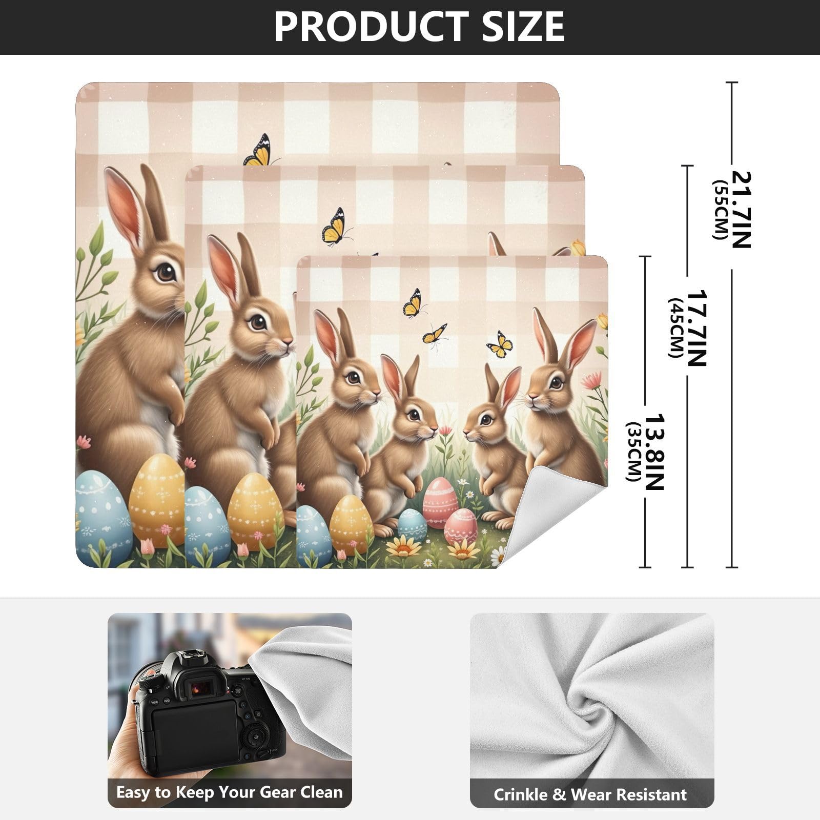 ODAWA Easter Rabbits Gathering Self Adhesive Cloths 17.7X17.7 Inch Self-adhesive Cloth Protective Camera Wrapper Portable Cosmetic Bag for Travelling