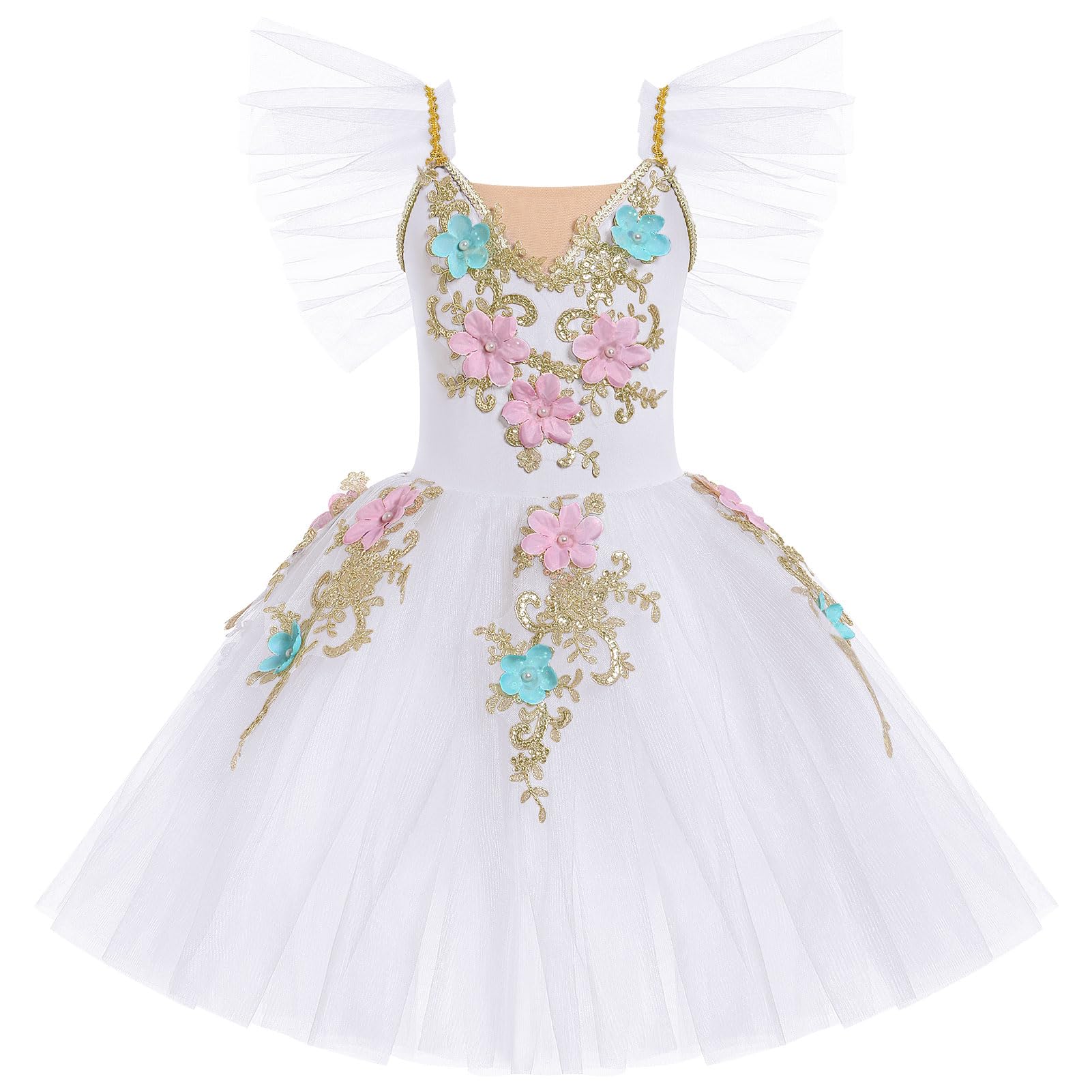 Ballerina Girl Dance Outfits Ruffle Sleeve Flower Ballet Dress Toddler Gymnastics Leotard Maxi Tulle Tutu Kids Swan Lake Halloween Christmas Dresses Teen Girl Ballet Dance Outfits White 4-5 Years