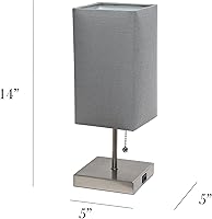 Vista 5 de Simple Designs LT1087-GRY - Lámpara de mesa con carga USB de níquel cepillado pequeño con interruptor de cadena, pantalla de tela gris