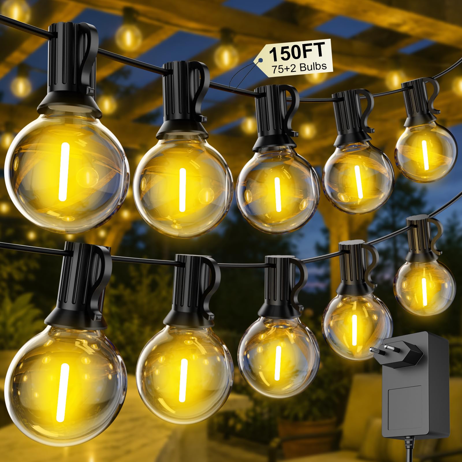 FARNY LED Catena Luminosa Esterno, 45.7M/150FT Catena Luminosa G40 75+2 IP45 Lmpermeabili luci giardino, 24V Bianco Caldo Catena Luminosa Giardino, Matrimonio/Casa/Caffè/Gazebo