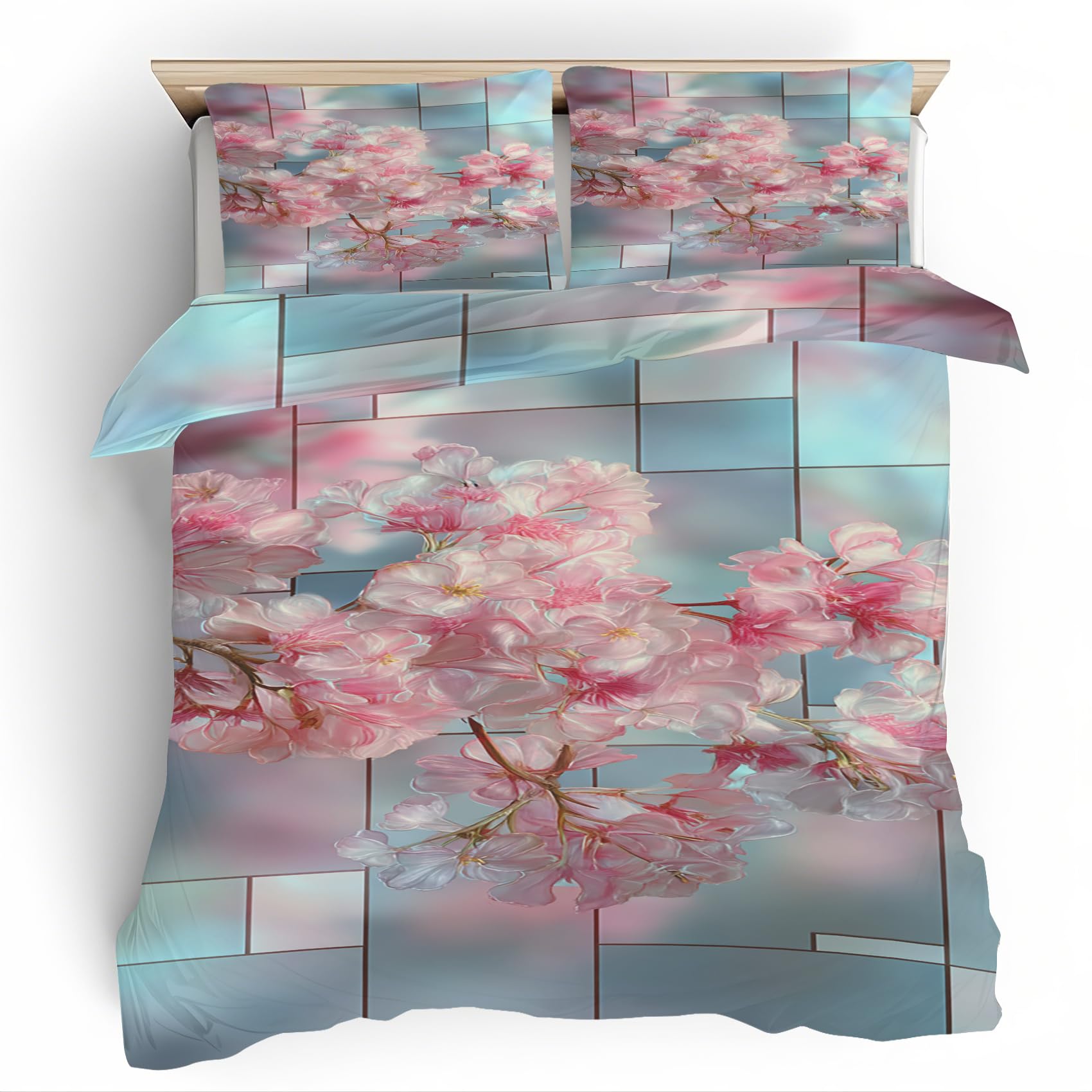 Housse de couette 240x260 fleur rose avec 2 taies d'oreiller en microfibre imprimée