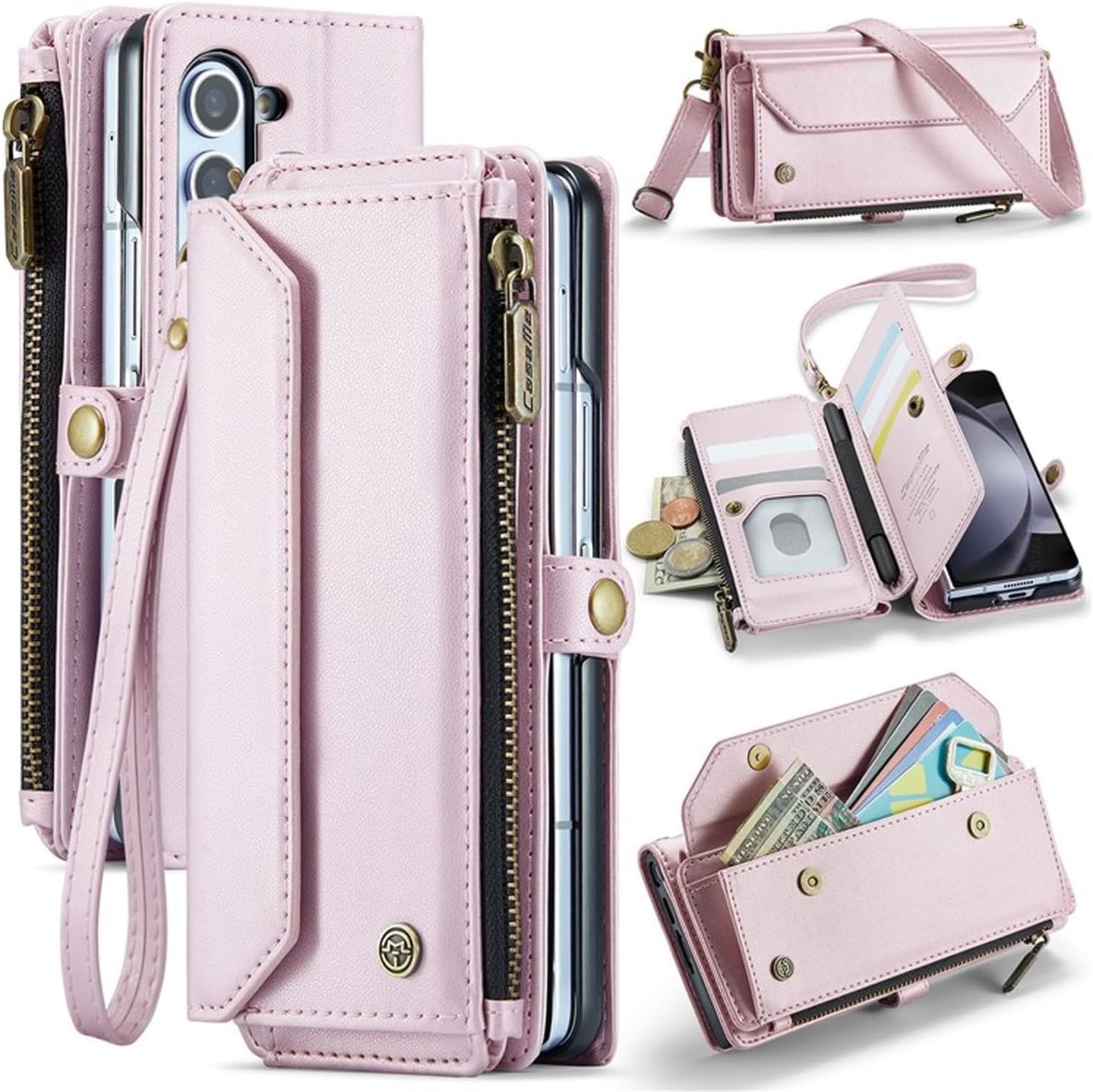 For Samsung Galaxy Z Fold 5 5G Leather Case Zipper Multiple Card Slots Phone Cover with Straps - Pink