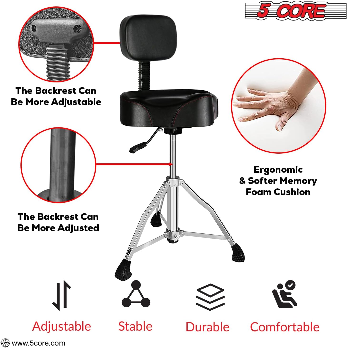 5 CORE Drum Throne 4" Padded Guitar Stool w Backrest Airlift Adjustable 18-24" Drummer 441Lb Capacity for Adults and Kids - DS CH BLK Rest-LVR
