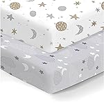 100% Organic Cotton Fitted Mattress Sheets for Graco Pack n Play, Babyletto, Pamo Babe, Dream on Me, Evenflo, Baby Trend Portable/Mini Crib/Playards, and Beka Bedside Bassinet 2 Pk Space & Sky