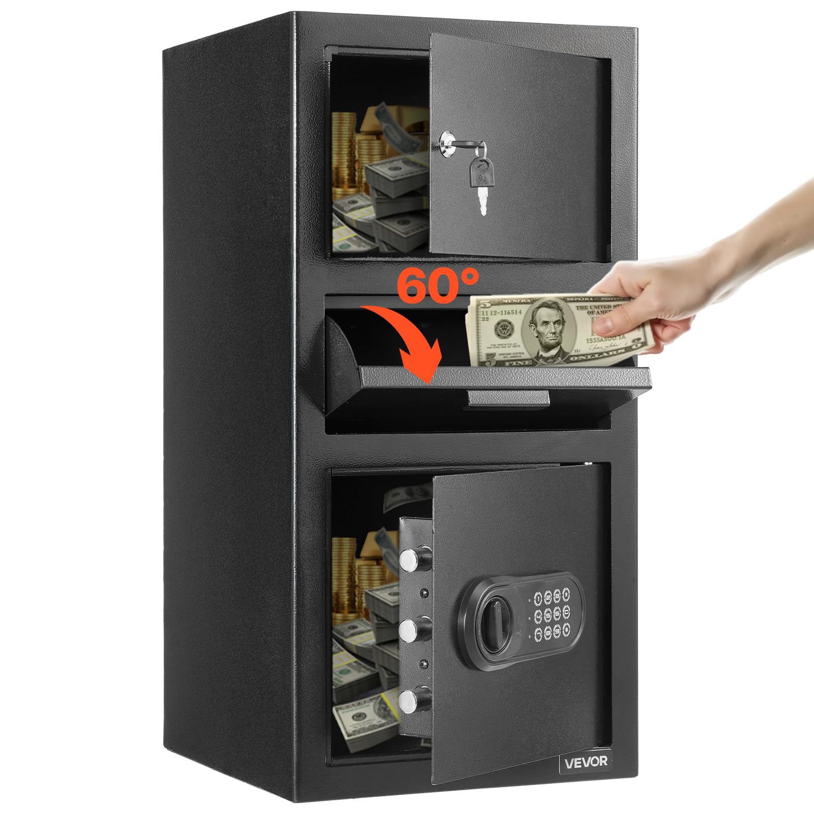 VEVOR Coffre-​For de Dépôt Grande Capacité de 102 L, Coffre-​Fort de Sécurité Électronique 3 Niveaux, avec Fente Frontale, Clavier Numérique et Clés de Rechange, pour Espèces, Bijoux, Documents, Noir