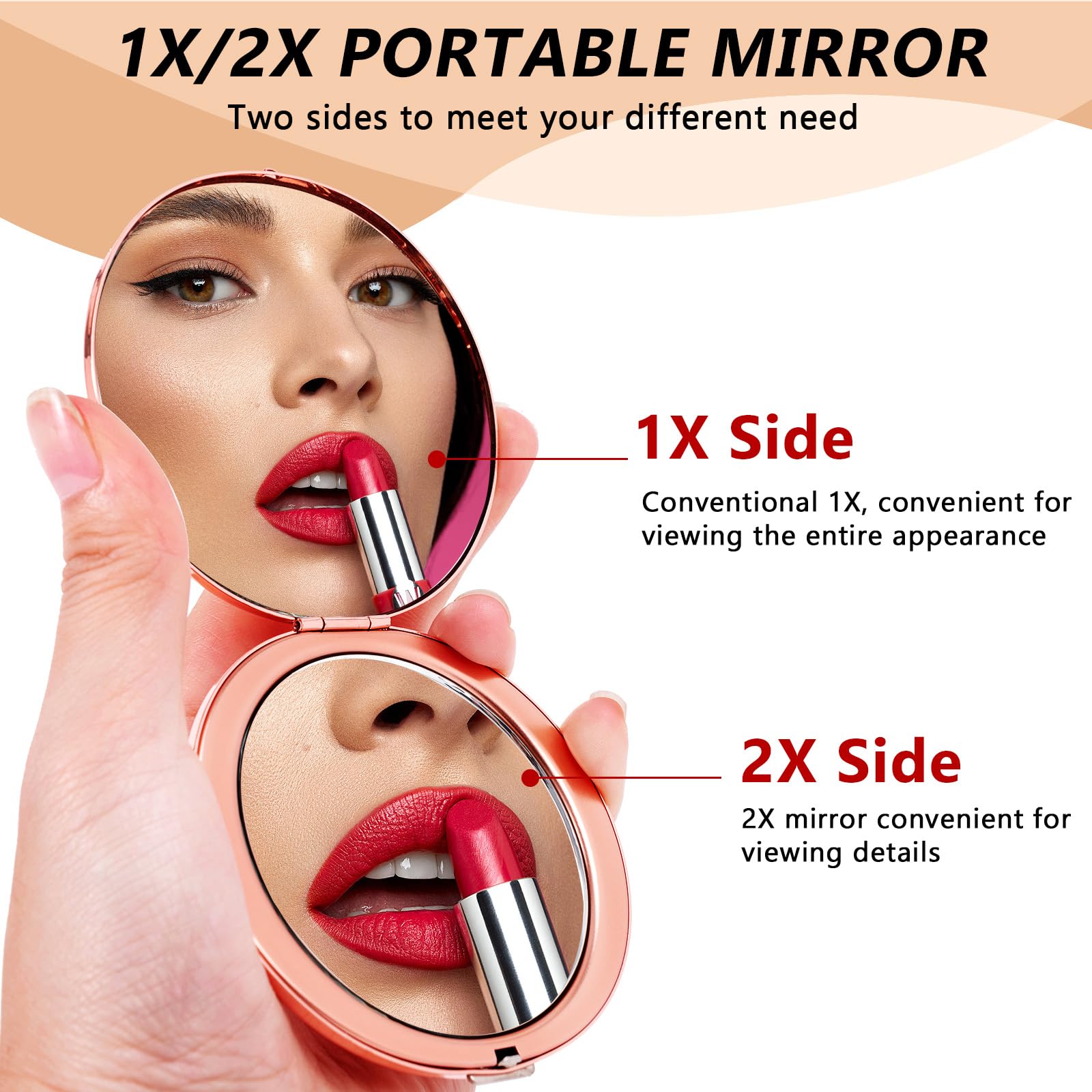 Mini Miroir Pliant Ovale en métal, Pratique, Compact, Beau, Robuste et Durable, loupe 1X/2X. (Ovale Motif-Rose)