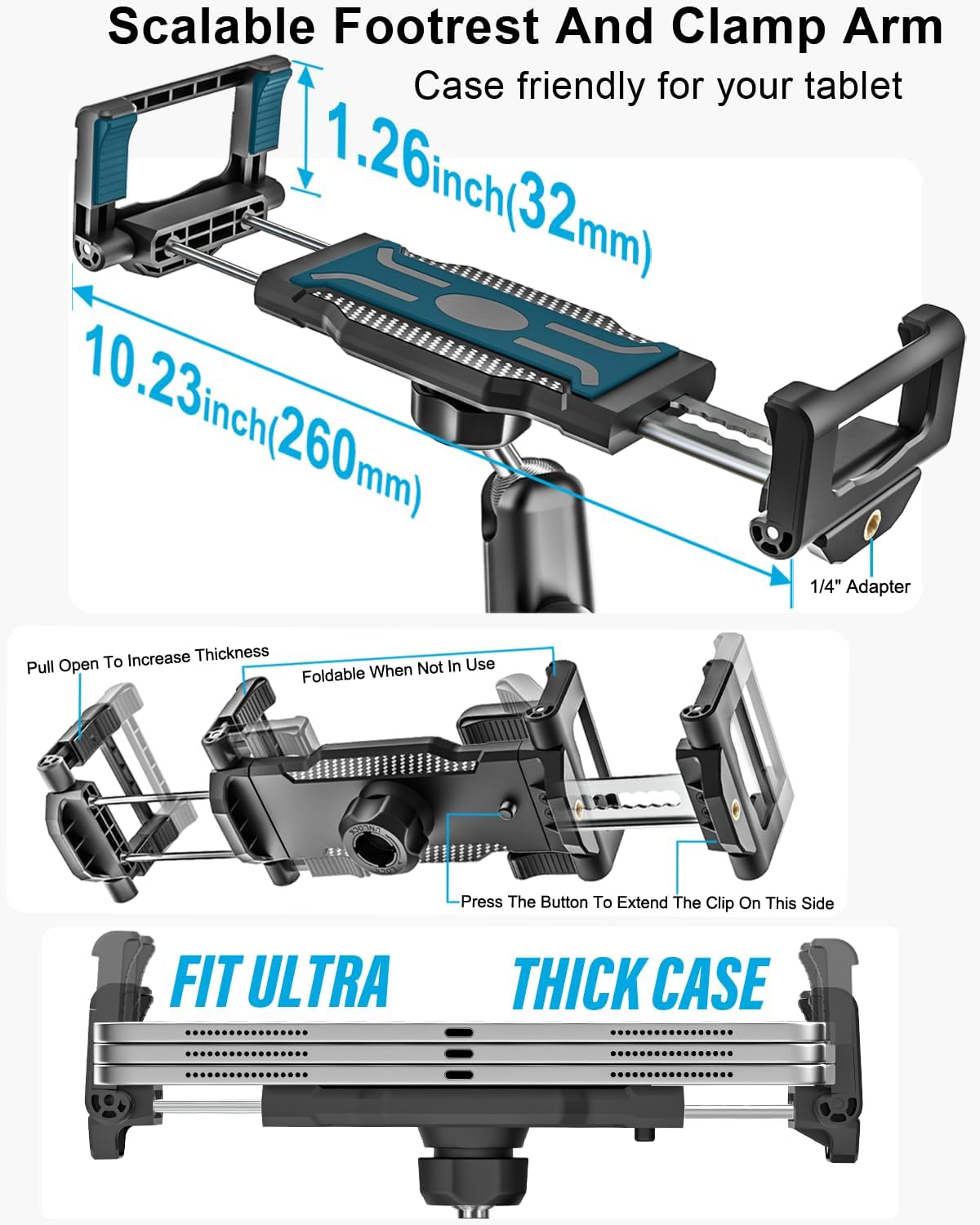 woleyi Aluminum Boat Helm Tablet Mount - [Large Clamp ] [Thick Case Friendly] Marine Tablet Holder Straps, Handle Bar Pole Clip for Boat Rail, for iPad Pro Air Mini, Galaxy Tab, iPhone, 6-15.6" Device