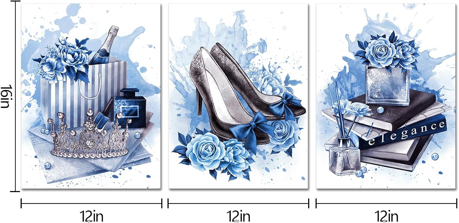 Fashion Blue Women Art Print 3 Panles Framed Perfume High Heels Flower Prints Wall Art Princess Crown Decor for Office Bathroom Bedroom Decoration