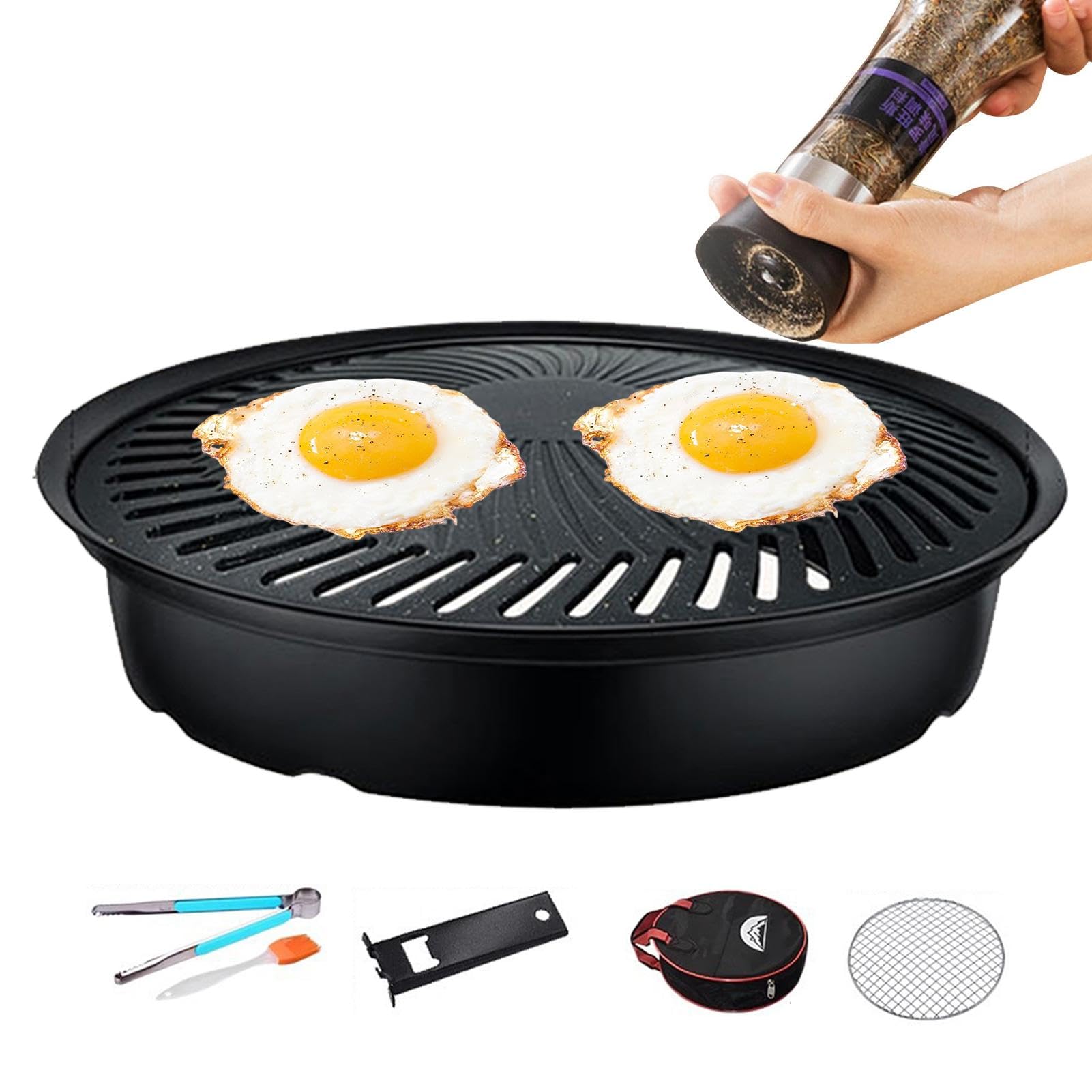 Poêle à griller ronde barbecue antiadhésive avec pinces et sac pour camping