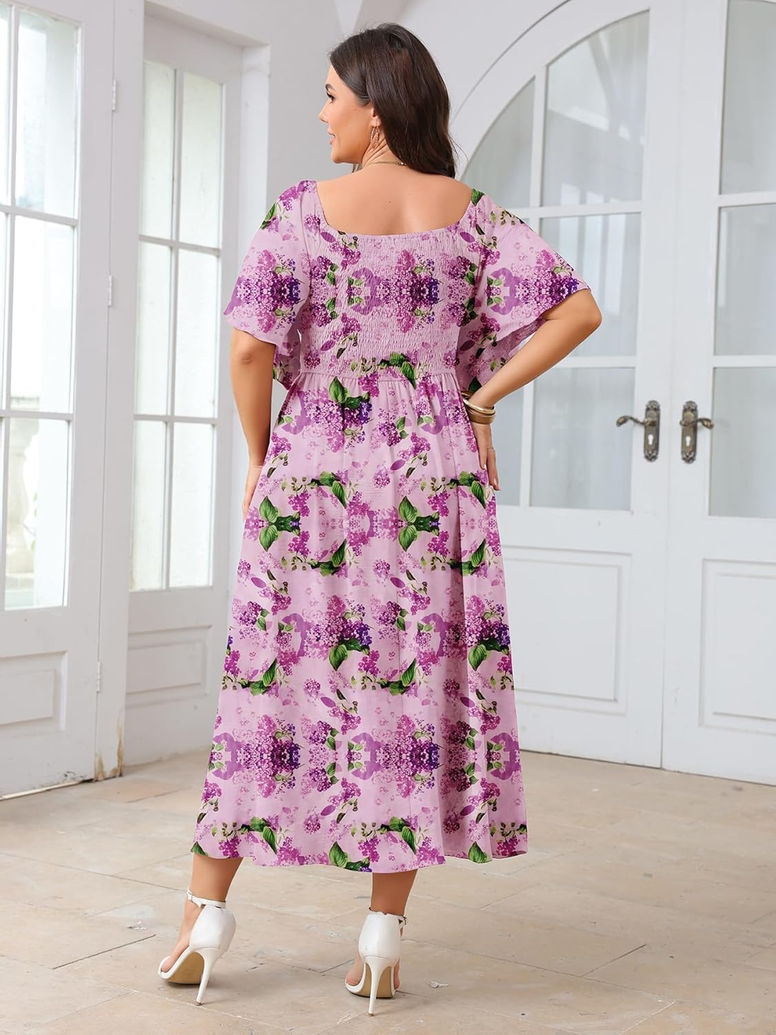 Women's Plus Size Dress Short Sleeve Square Neck Smocked Side Split Flowy A Line Long Maxi Dress - Image 4