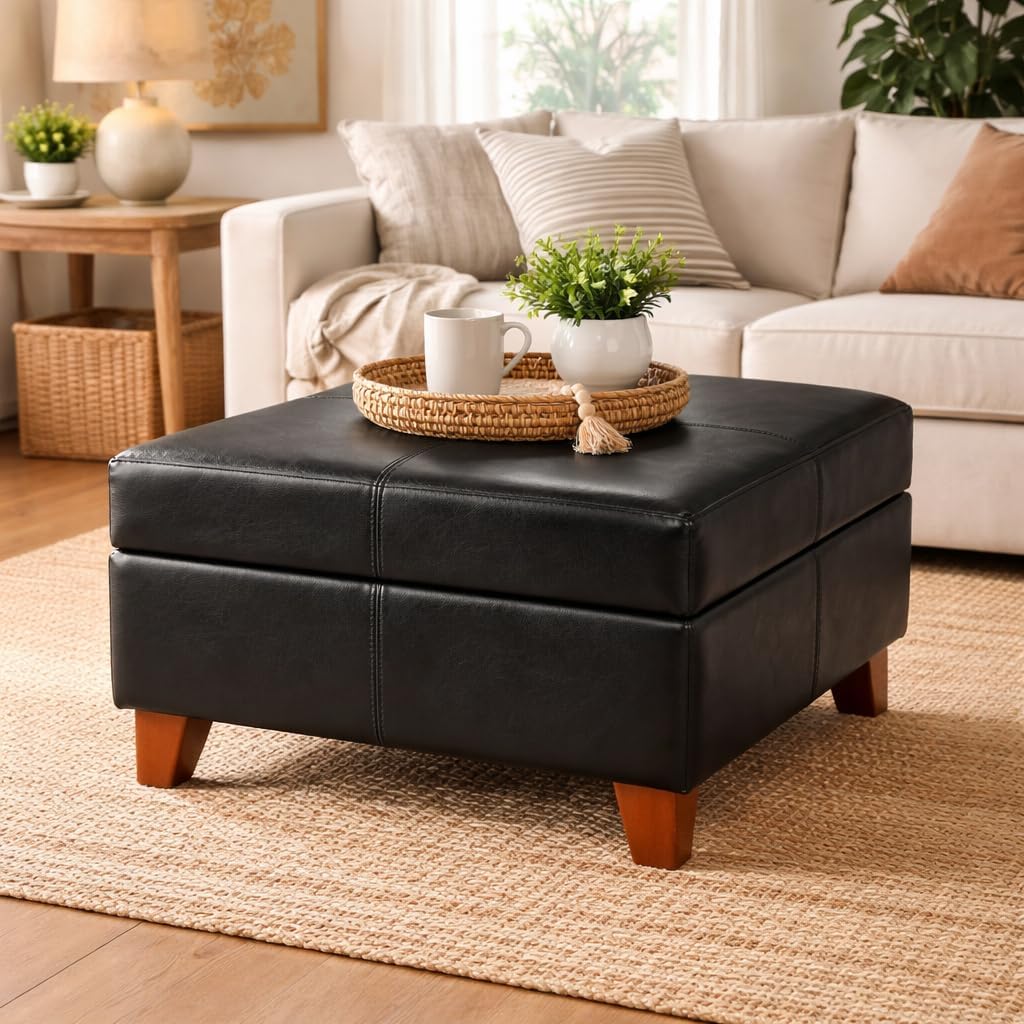 HomePop Faux Leather Square Storage Ottoman with Wood Legs, Black