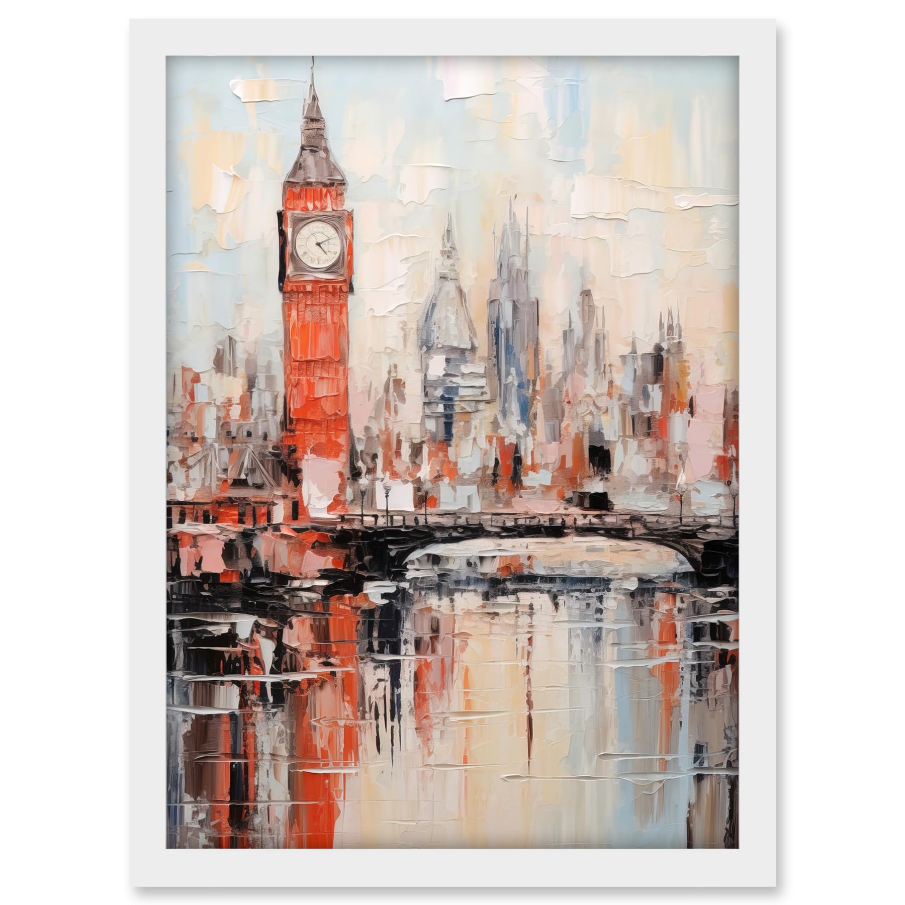 Artery8 London Skyline Abstract Oil Painting Thick Paint Red Big Ben River Thames Westminster Bridge England City Artwork Framed A3 Wall Art Print