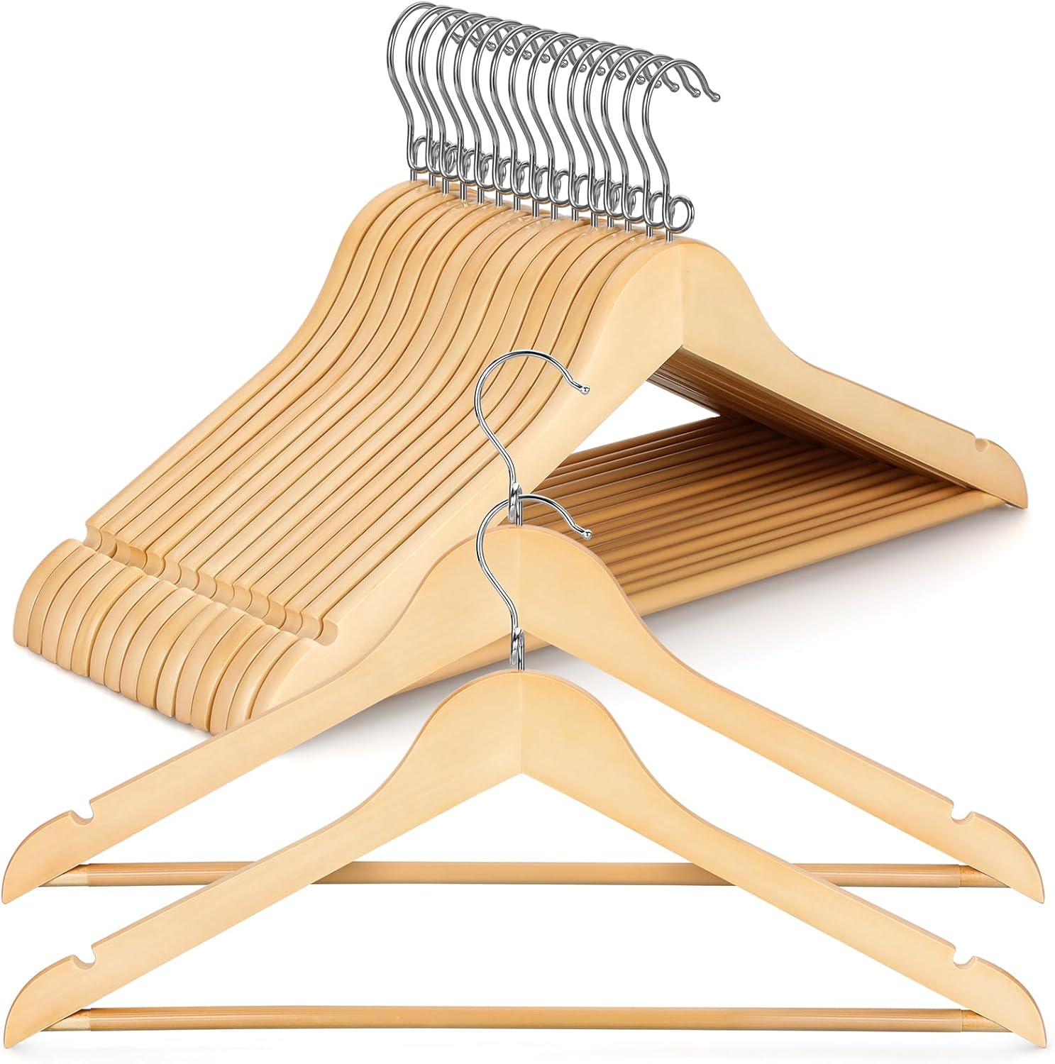 TOPIA HANGER Wooden Hangers 30 Pack, Space Saving Coat Hanger with 360° Swivel Cascading Loop Hook, Non Slip Pants Bar and Shoulder Notches for Camisole, Jacket, Suit, Clothes Hangers -CT74N30 Natural