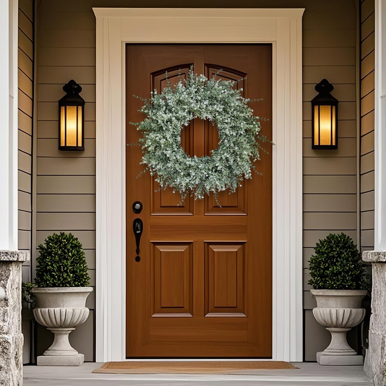 Corona grande de eucalipto de 26 pulgadas para puerta delantera, porche, eucalipto artificial y lavanda con flores de aliento de bebé para el hogar, decoración de pared de granja, primavera, verano