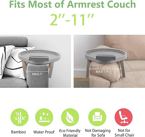 Miniatura 18 de SINWANT Mesa de brazo para sofá, bandeja redonda de bambú con clip para sofá con soporte para teléfono de 360°, mesa plegable para reposabrazos