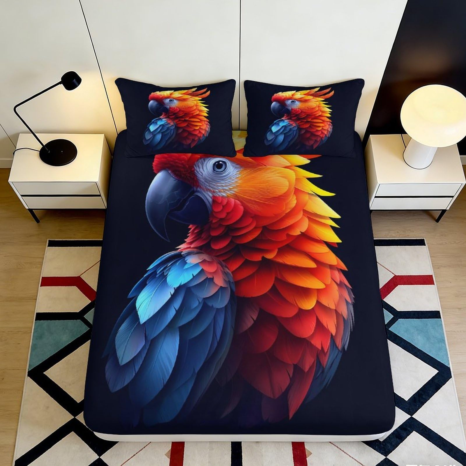 3D Printed Colorful Parrot Fitted Sheet Microfiber Soft Breathable Exotic Bird Mattress Cover for Bedroom Dormitory Guest Room Protection Decor 200x200x25cm