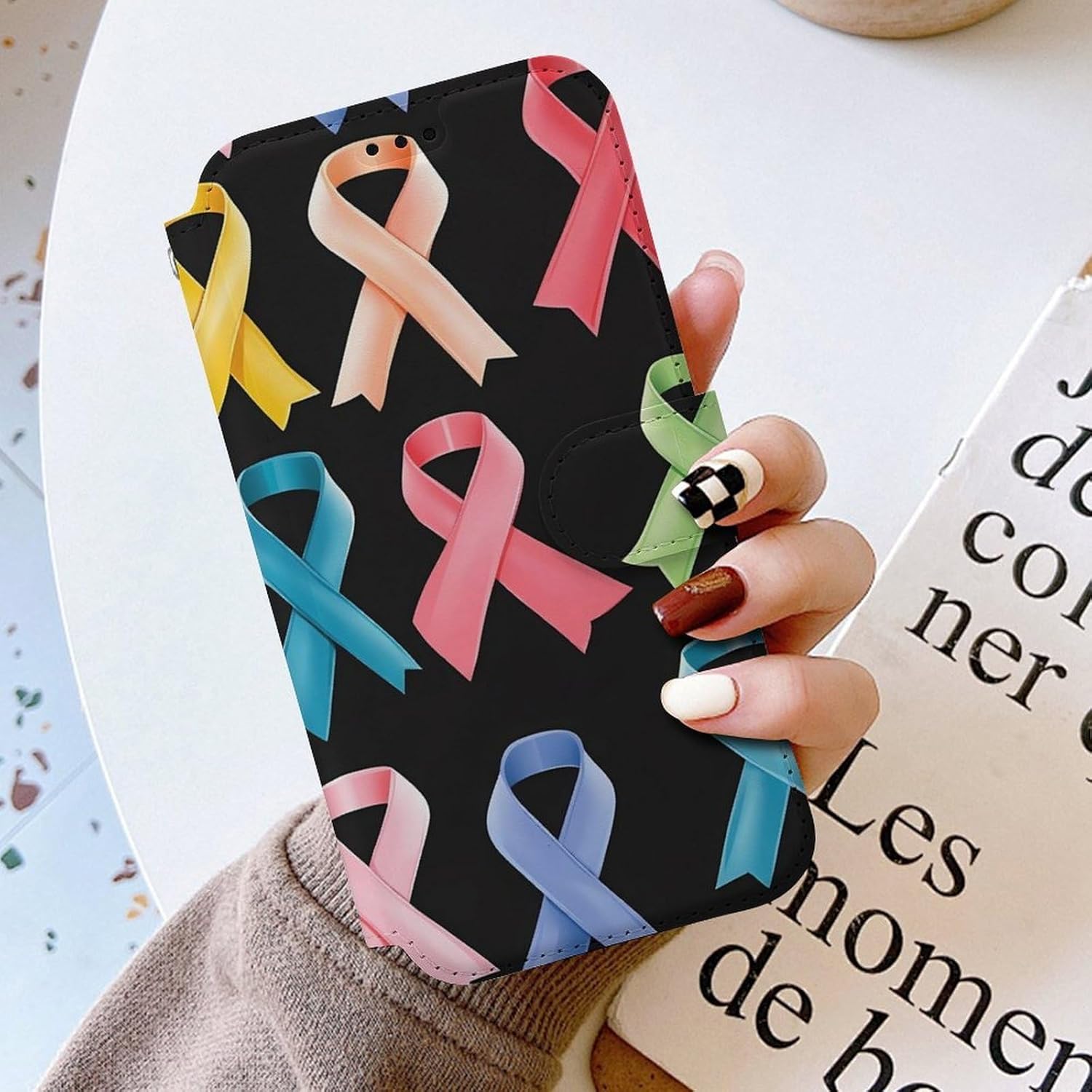 Cancer Awareness Ribbons Compatible with iPhone 16/16 Plus/16 Pro/16 Pro Max/16 E Case Phone Wallet Card Holder Flip Cover with Wrist Strap