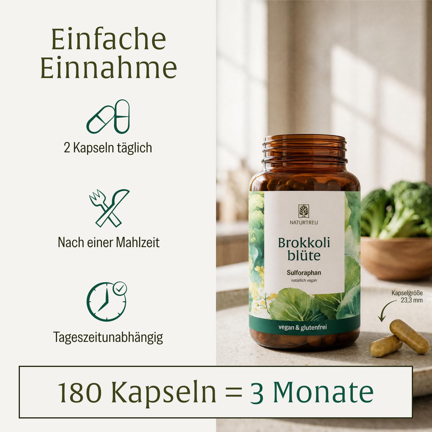 NATURTREU® Brokkoli Kapseln Hochdosiert - Sulforaphan Kapseln Hochdosiert | mit 170mg Sulforaphan pro Tagesdosis - 900 Kapseln für 15 Monate - 1300mg Brokkoli Extrakt Vegan