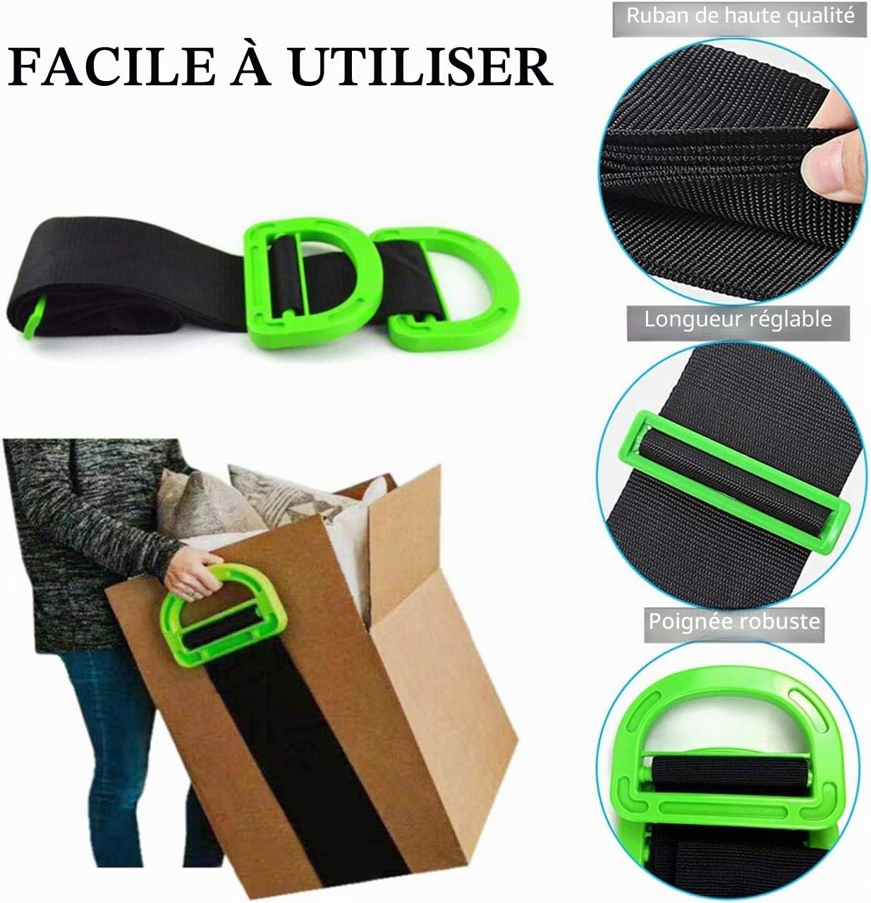 Sangles déménagement pour meubles, 2 sangles levage réglables et sangle de levage pour une personne pour déplacer des meubles, des appareils, des objets lourds et encombrants en toute sécurité