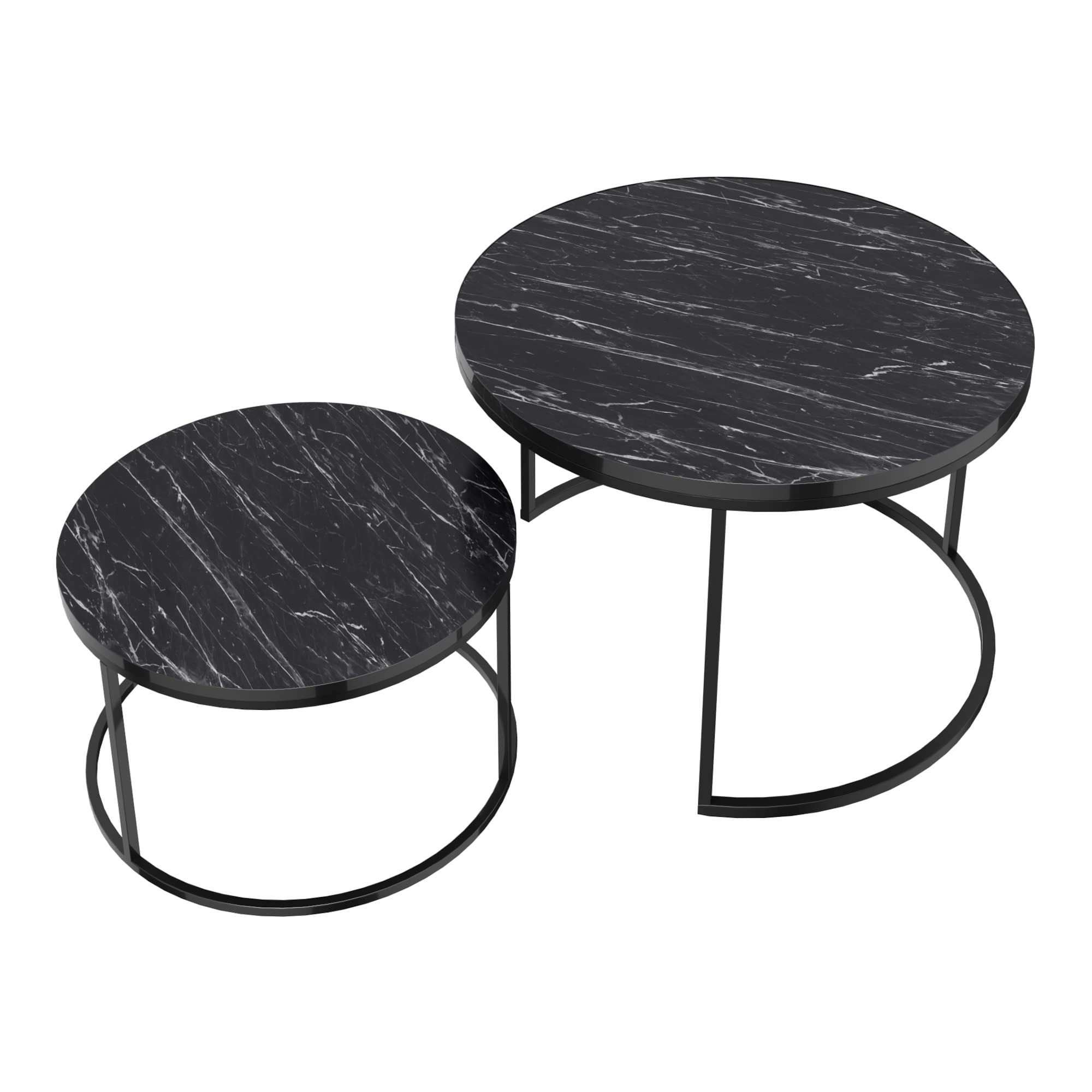 [en.casa] Couchtisch 2er Set Skagen Wohnzimmertische Beistelltische rund Satztisch Metallgestell Marmoroptik, schwarz