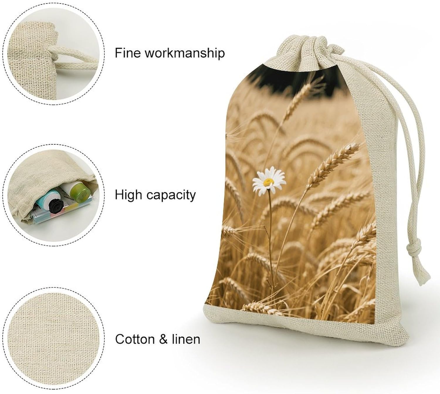 Wheat Fields And Flowers Drawstring Bag Fashionable Cinch Bags Bunches Pocket Set of Eight Multipurpose Drawstring Storage Bags for Daily Storage Kitchen Dressing Table