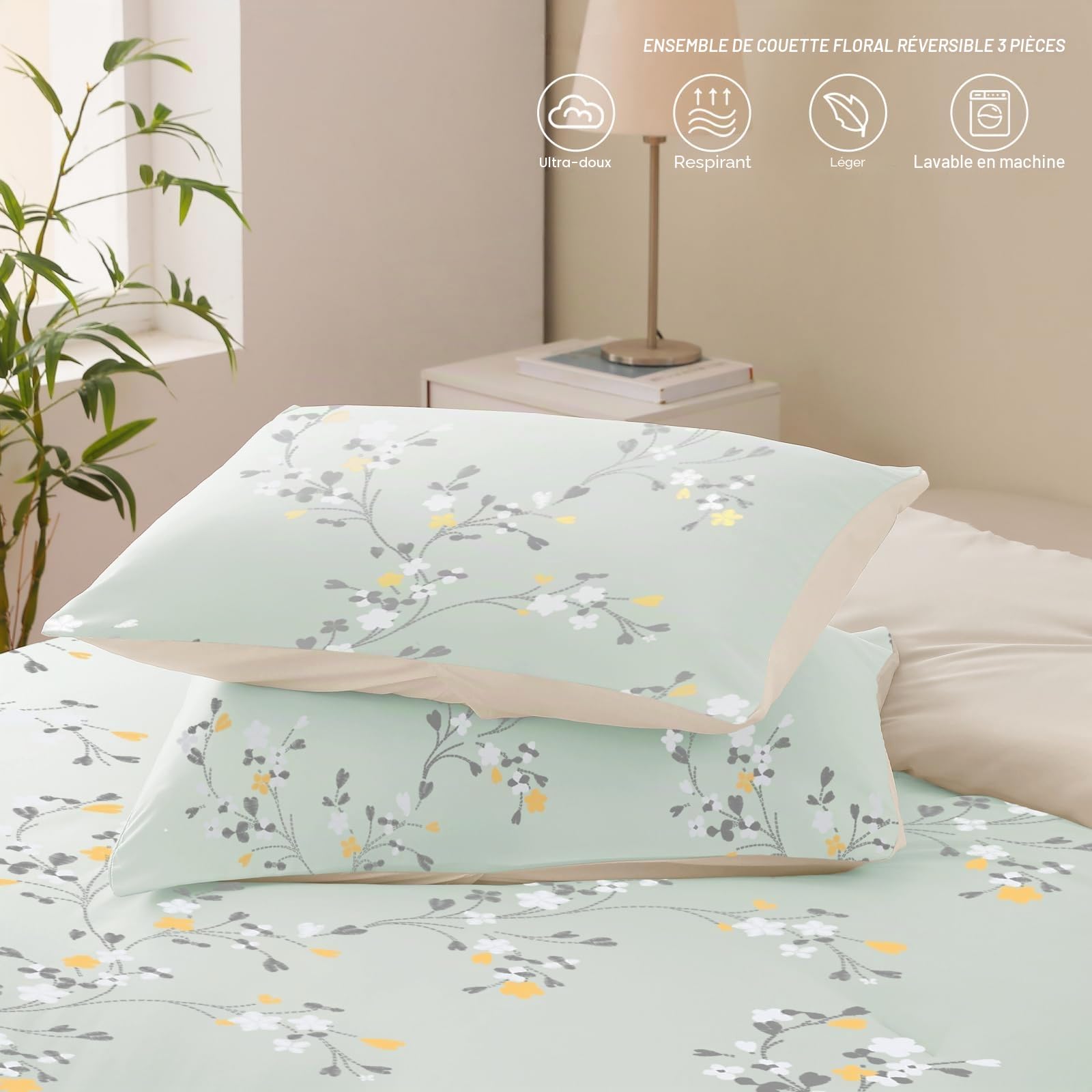 Exclusivo Mezcla Ensemble de Couette sans Housse avec 2 Taies d'oreiller, Légère, Réversible et Chaude, Toutes Saisons avec Motif Floral, 200 x 200 CM, Vert Menthe
