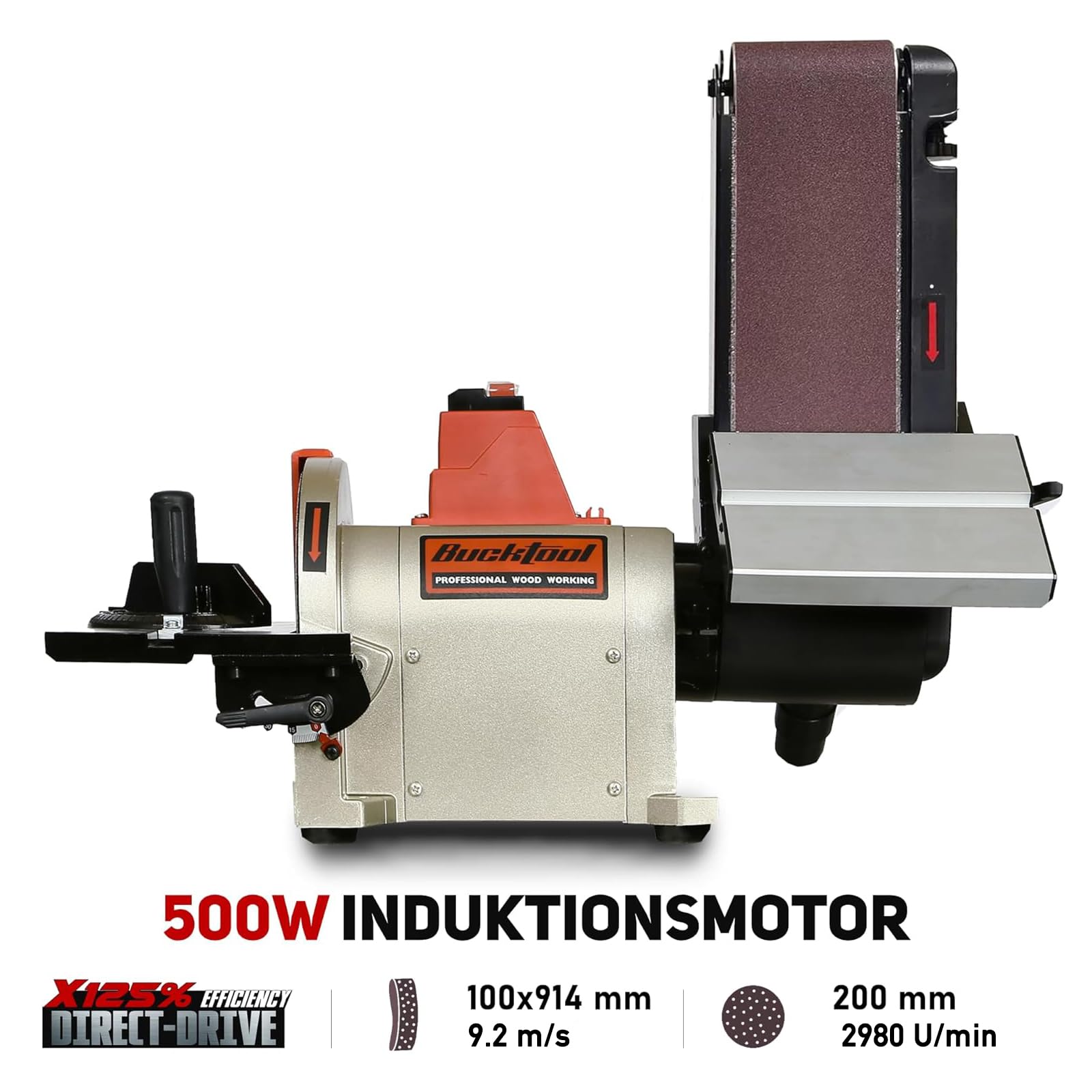 BUCKTOOL Lijadora de banda de 500W con accesorios | Lijadora de banda de lijado 9,2 m/s, velocidad de rotación del disco abrasivo 2980 rev/min | muela Ø 200mm