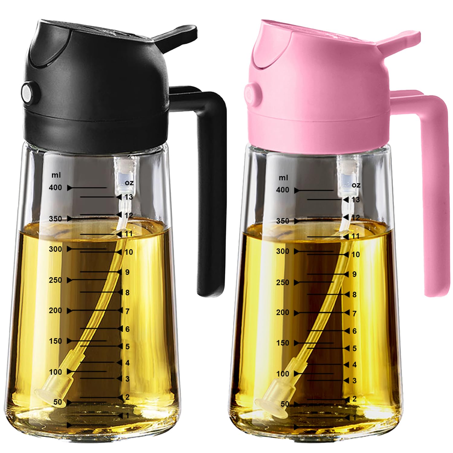 TrendPlain 16oz Olive Oil Dispenser Bottle for Kitchen - 2 in 1 Oil Dispenser and Oil Sprayer for Cooking, Air Fryer, Salad, 470ml Olive Oil Sprayer Black&Bubblegum