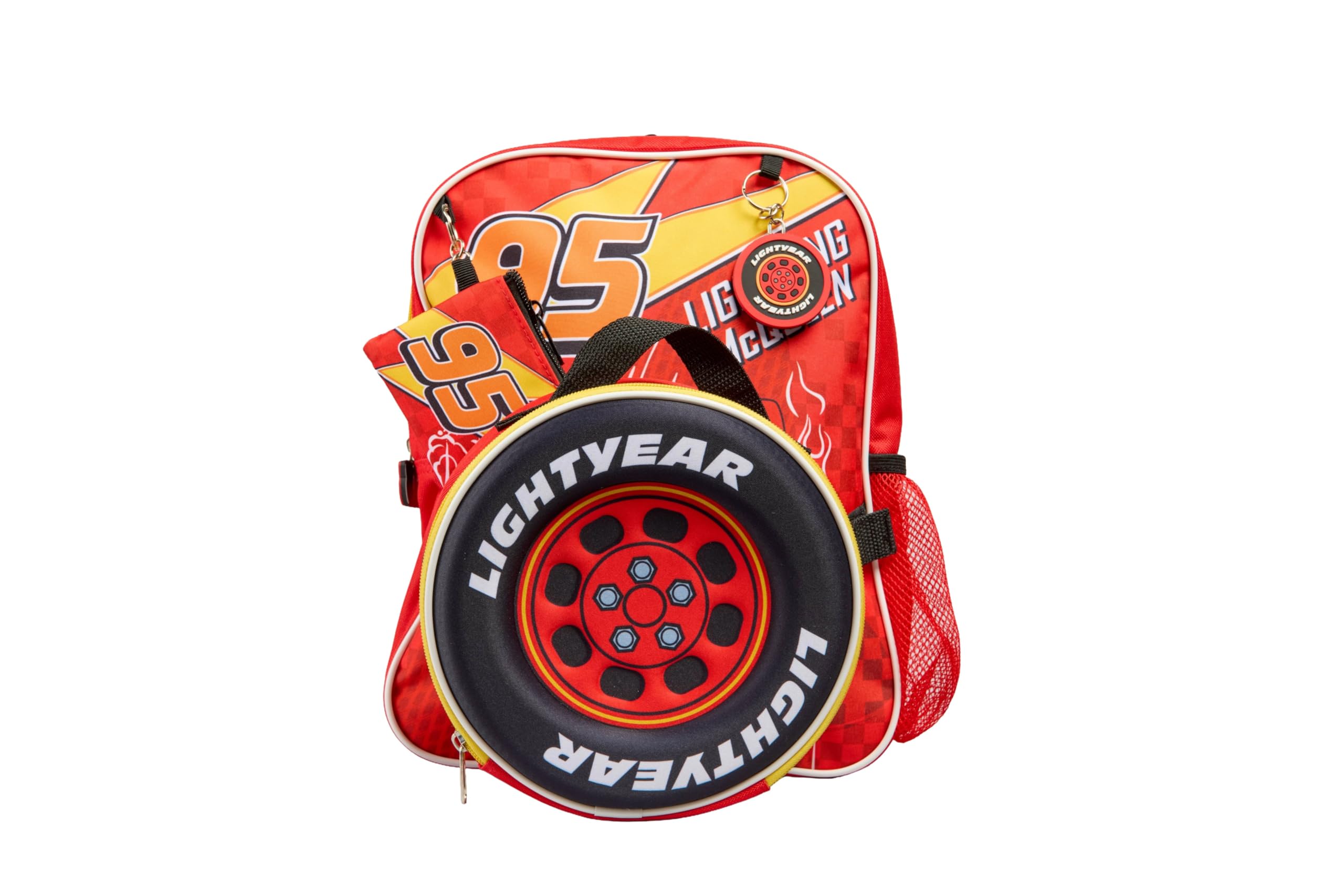 Disney Cars - Juego de 4 mochilas para niños, diseño de Rayo McQueen con bolsa de almuerzo, estuche para lápices y llavero.