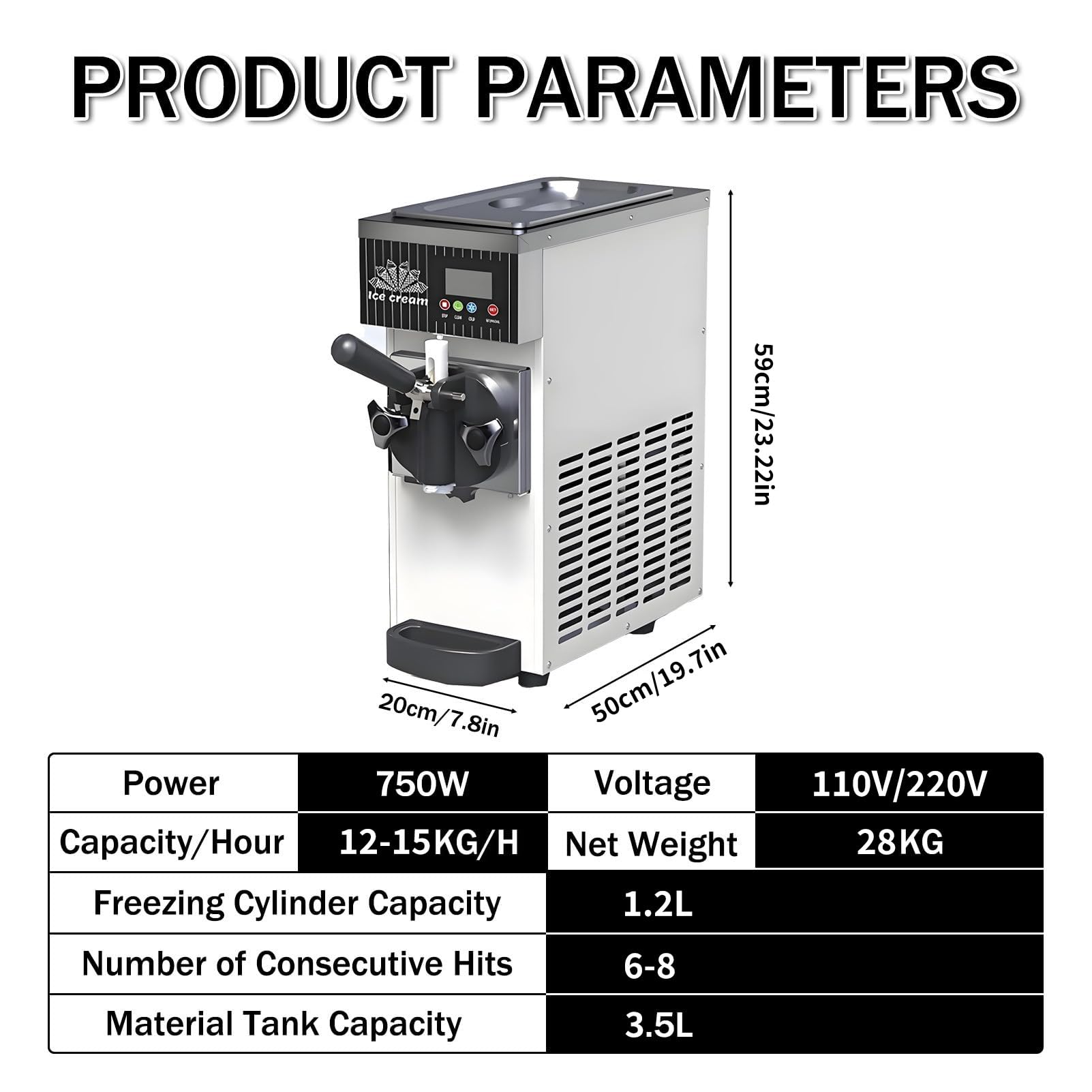 Heladera Multiusos Para Helados Y Granizados - 450/750W, 2.5L/3.5L, Preenfriamiento, Limpieza Automática, Pantalla LCD, Máquina Helados Soft, Ideal Para Heladerías(Silver,750W)