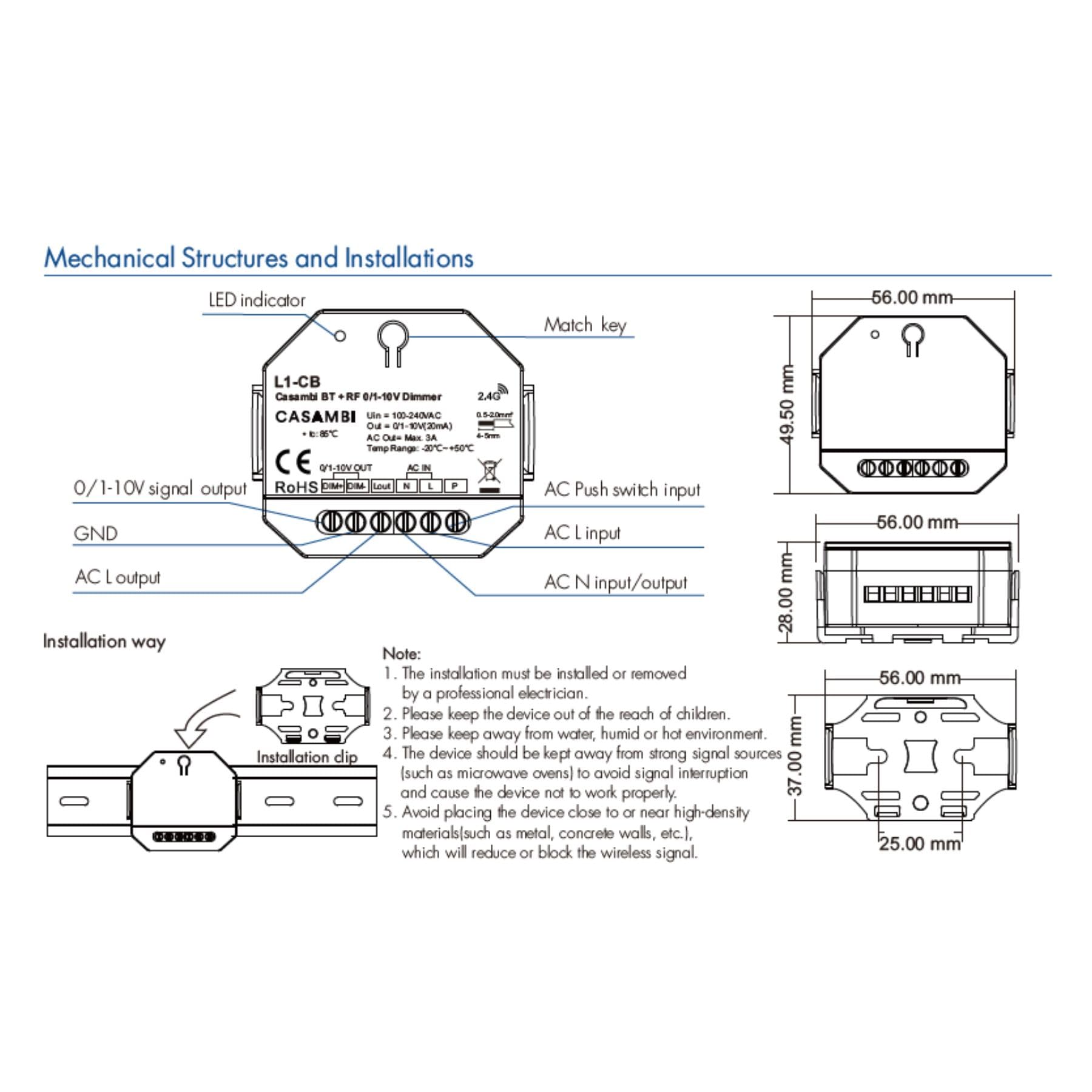 Led Dimmer Bluetooth Casambi 0-10V 1-10V, RF 2.4GHz e Pulsante NO, Push Dim, Relè AC Integrato 3A, Input AC220V, per Driver LED Dimmerabili 0/1-10V, Compatto da Scatola Incasso o Derivazione