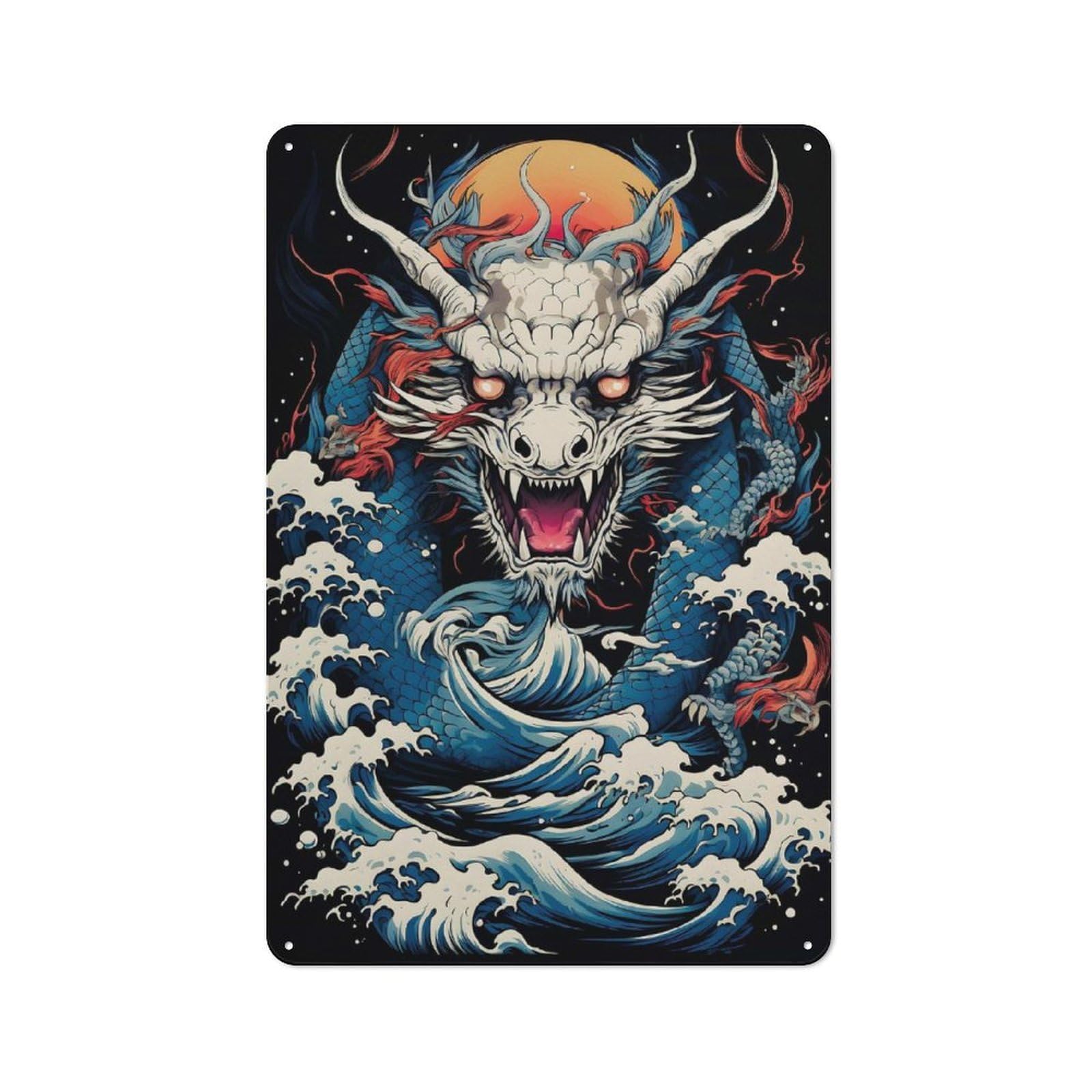 Junmoney Dragon Waves Illustration Vintage Metal Sign 30X20cm For Hobby Room Or Studio, Housewarming Present For People Styling Hobby Room And Studio