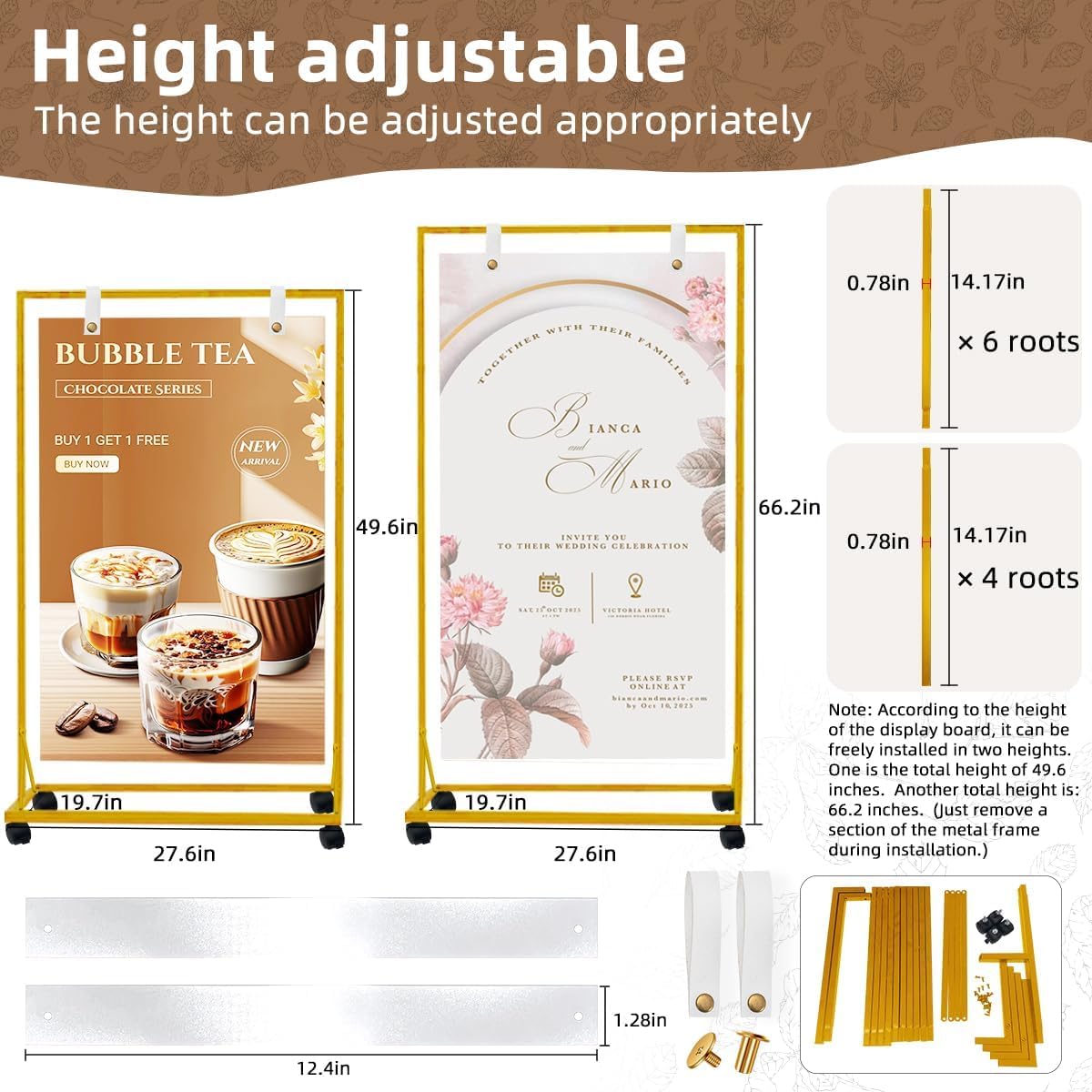 Support de plaque de mariage sur roulettes, 170 x 72 x 50 cm, réglable, avec 2 sangles en cuir, support doré pour panneaux de mariage, affiches, plan de table, réception et décoration
