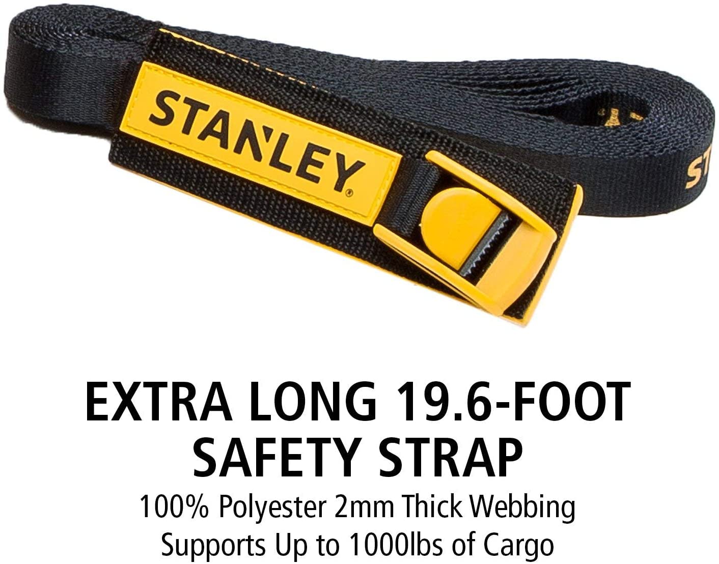 STANLEY Cinghia di ancoraggio con ganci, 2,5 x 6 m, con fibbia in metallo rivestita in plastica e imbottita, resistente, supporta 453,6 kg di carico, nero