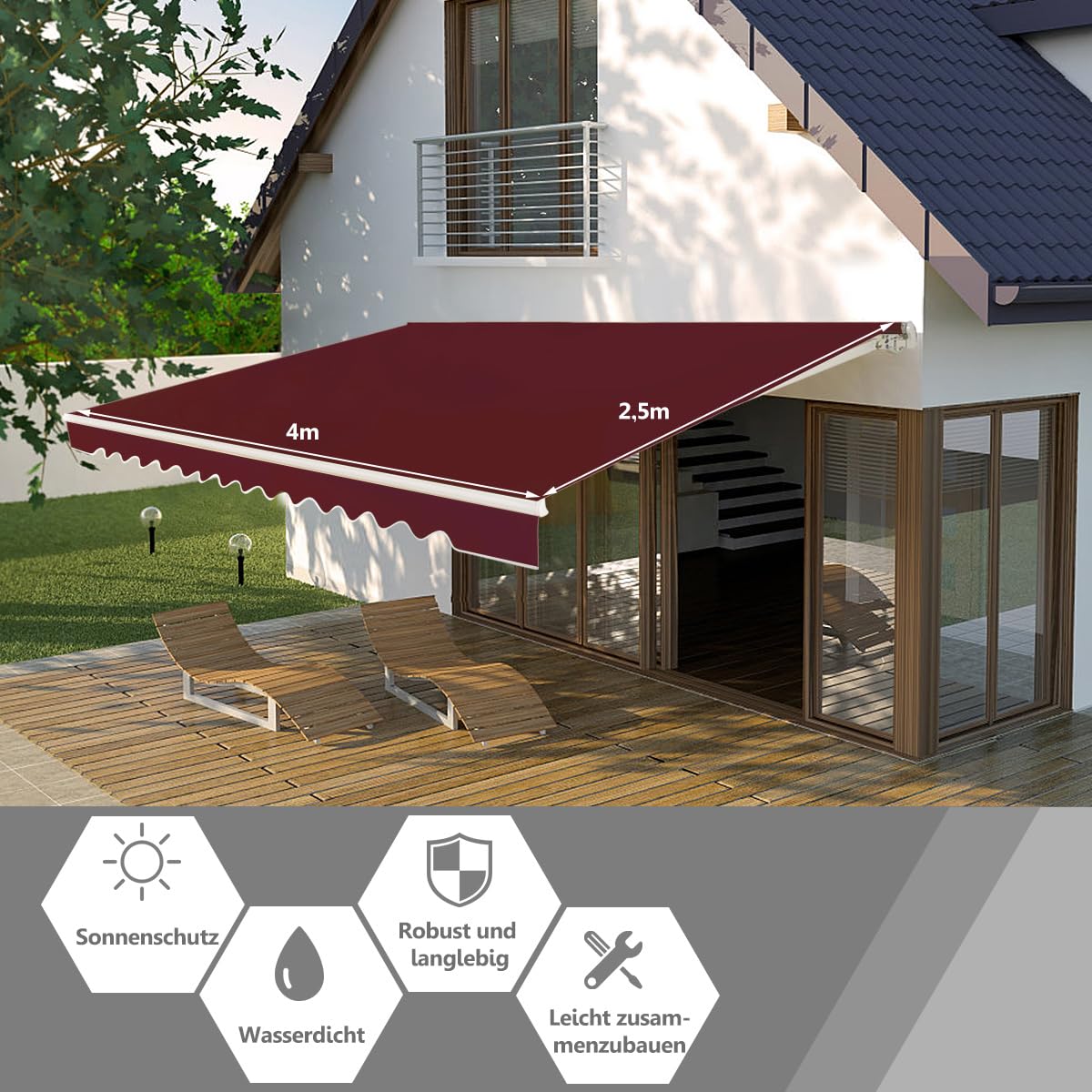 RELAX4LIFE Store rétractable à bras articulés avec manivelle, angle réglable en longueur (5-35 °), store avec revêtement imperméable, protection solaire (4 x 2,5 m, bordeaux)