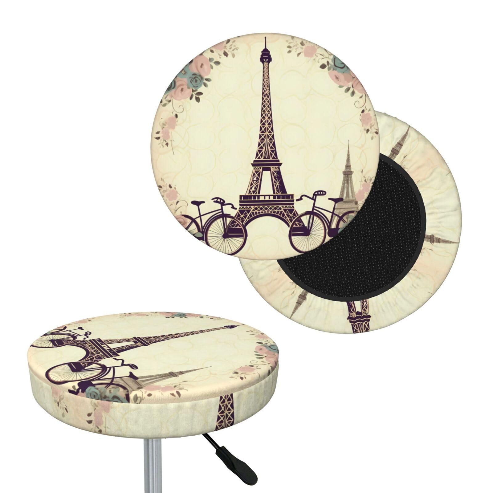 NONHAI Eiffel Tower Bicycle Bar Stool Cover Round Elastic Stool Cushion Covers Dustproof Bar Chair Cover Washable Stool Cushion Slipcover Stretch Stool Seat Covers for 12-14 Inch Chair